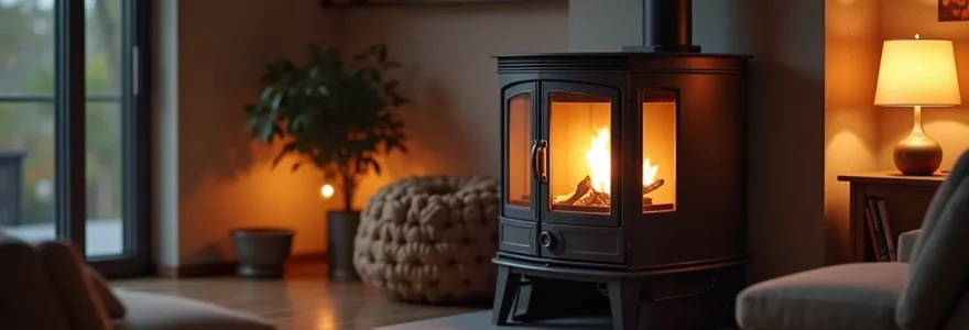 Intérieur moderne chaleureux avec un poêle à bois Romotop allumé, rayonnant une lumière douce et une chaleur confortable