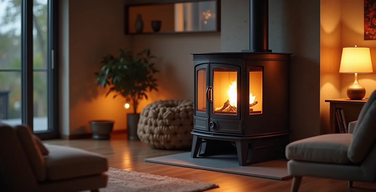 Intérieur moderne chaleureux avec un poêle à bois Romotop allumé, rayonnant une lumière douce et une chaleur confortable