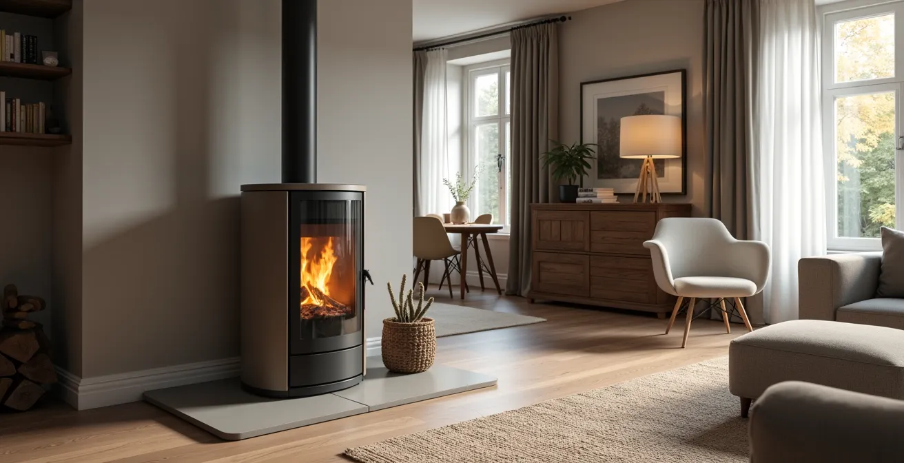 Poêle Romotop Ovalis pivotant moderne dans un intérieur élégant mixant design classique et contemporain