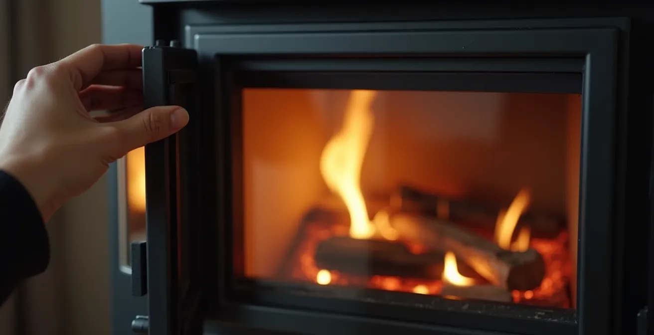 Poêle Romotop allumé avec une vitre propre et flammes visibles, main ouvrant doucement la porte avec système Soft Click