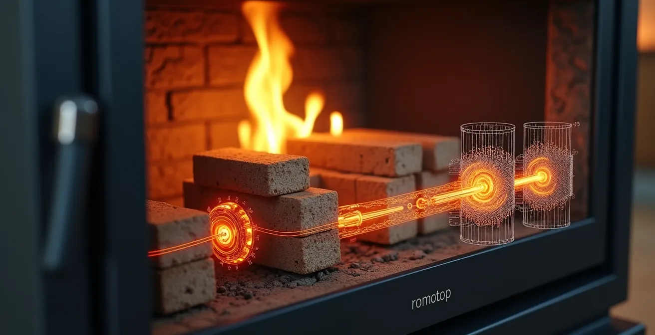 Détail du système de combustion d’un poêle Romotop montrant l’admission d’air extérieur, briques de chamotte et schéma du système Double Spin